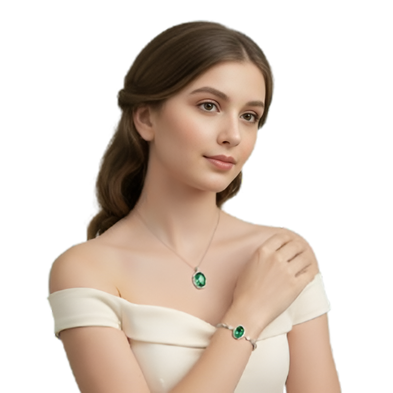 Oval Green Crystal Pendant Necklace Set With Bracelet